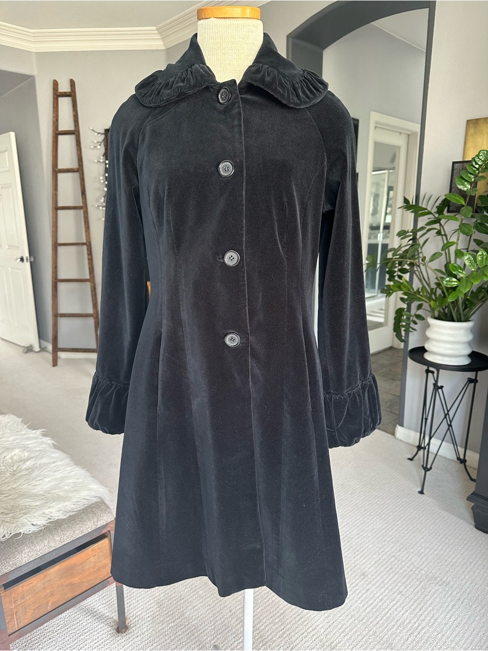 Odille (Anthropologie) velvet coat with ruffled collar and cuffs, size 8 - Picture 1 of 17